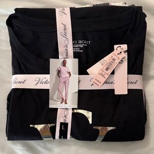 Victoria's Secret Black Flannel Tee Pajama Set with Metallic Logo